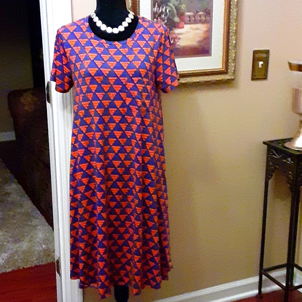 LuLaRoe orange blue triangle Short sleeve geometric print dress stretch S EUC …